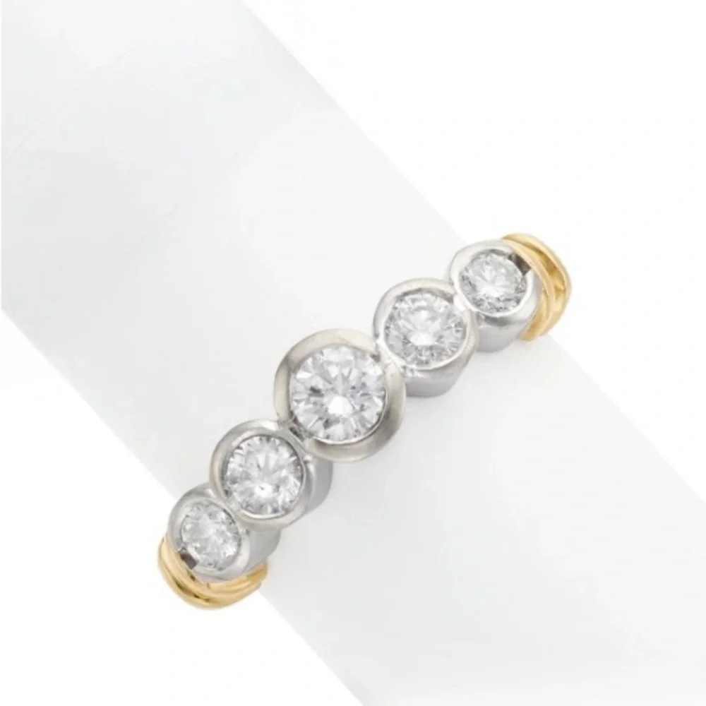 Natural Diamond Five Stone White and Yellow Gold Ring 18k